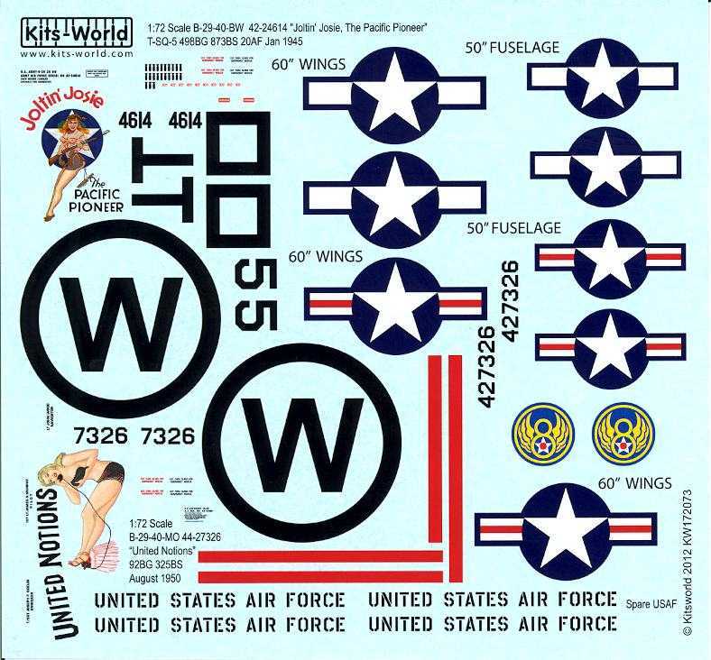 Kits World Decals 1/72 BOEING B29 SUPERFORTRESS Joltin' Josie & United